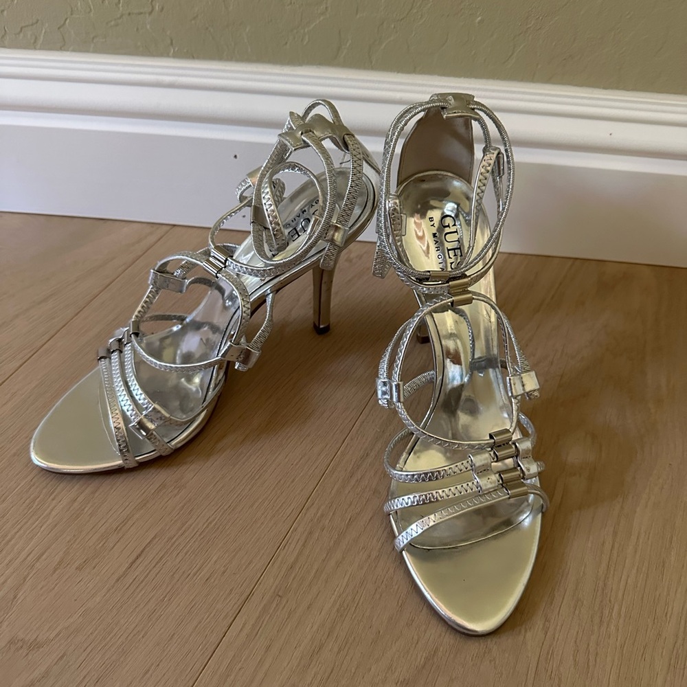 Guess by Marciano Metallic Silver Strappy Heels